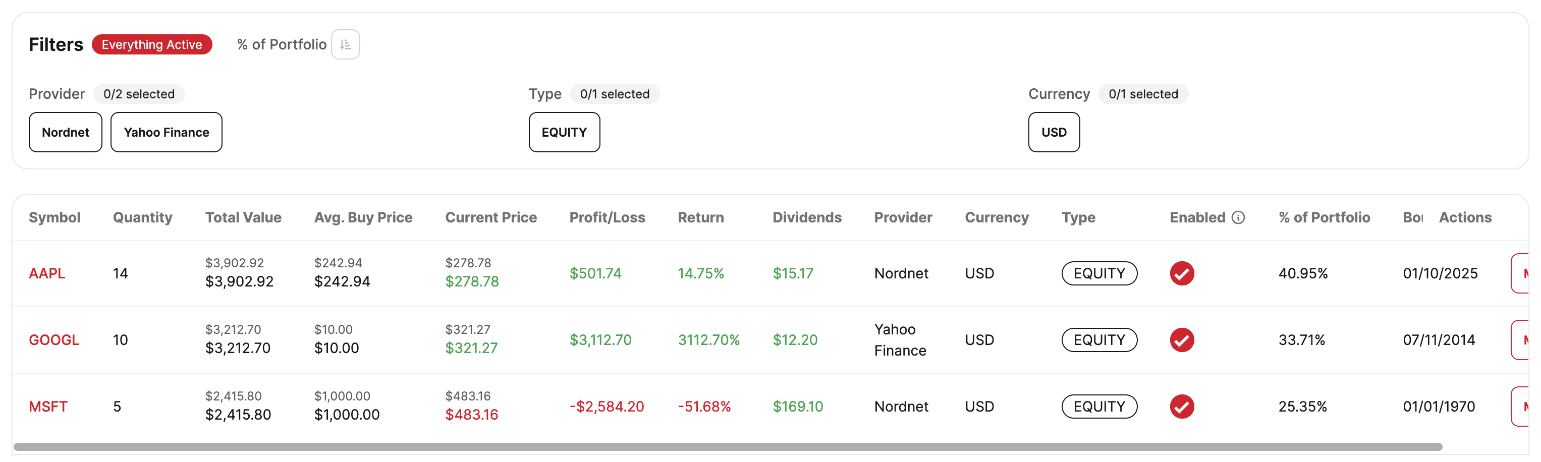 List of symbols with filtering options